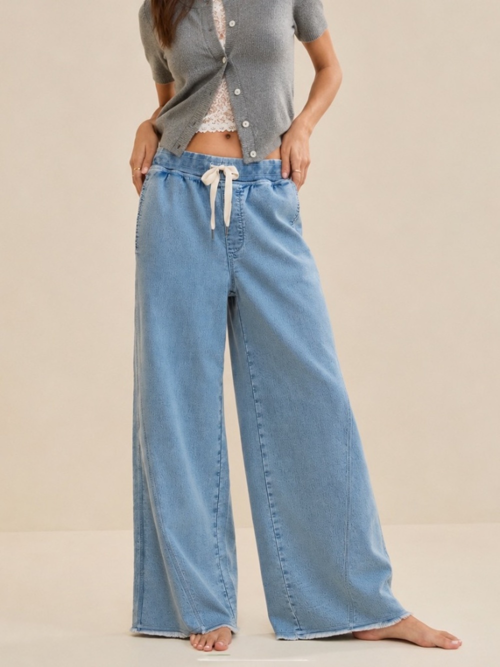 aerie Light Blue Wide Leg Drawstring Jeans